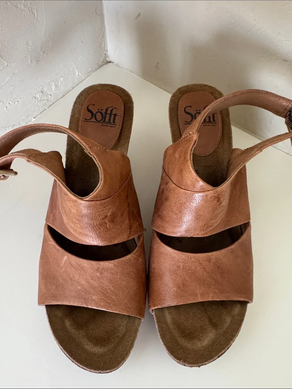 Sofft Tan Brown Leather Cork Wedge Sandals
